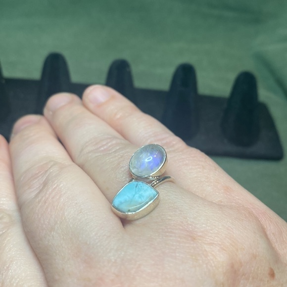 Solid Sterling Silver Larimar and Rainbow Moonstone - Picture 3 of 3